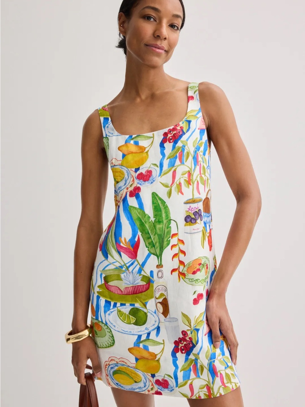 EUC Farm Rio Tropical Fruit Print Linen-Blend Tank Dress - White Multi Sz M